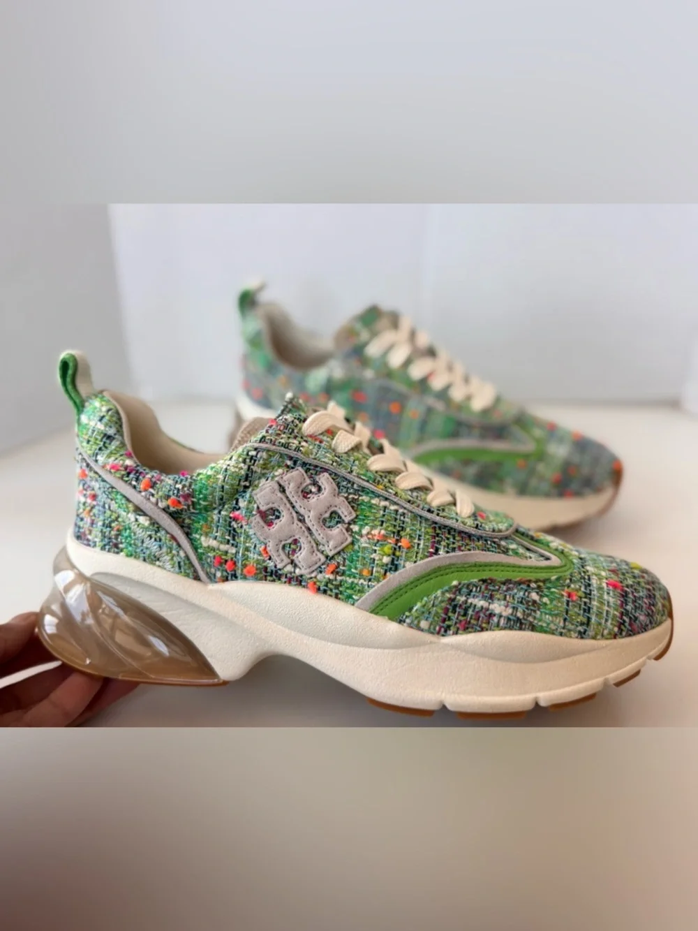 Tory Burch Women's Good Luck Trainer Sneakers Tweed Blue Green Size 8 - Picture 2 of 12